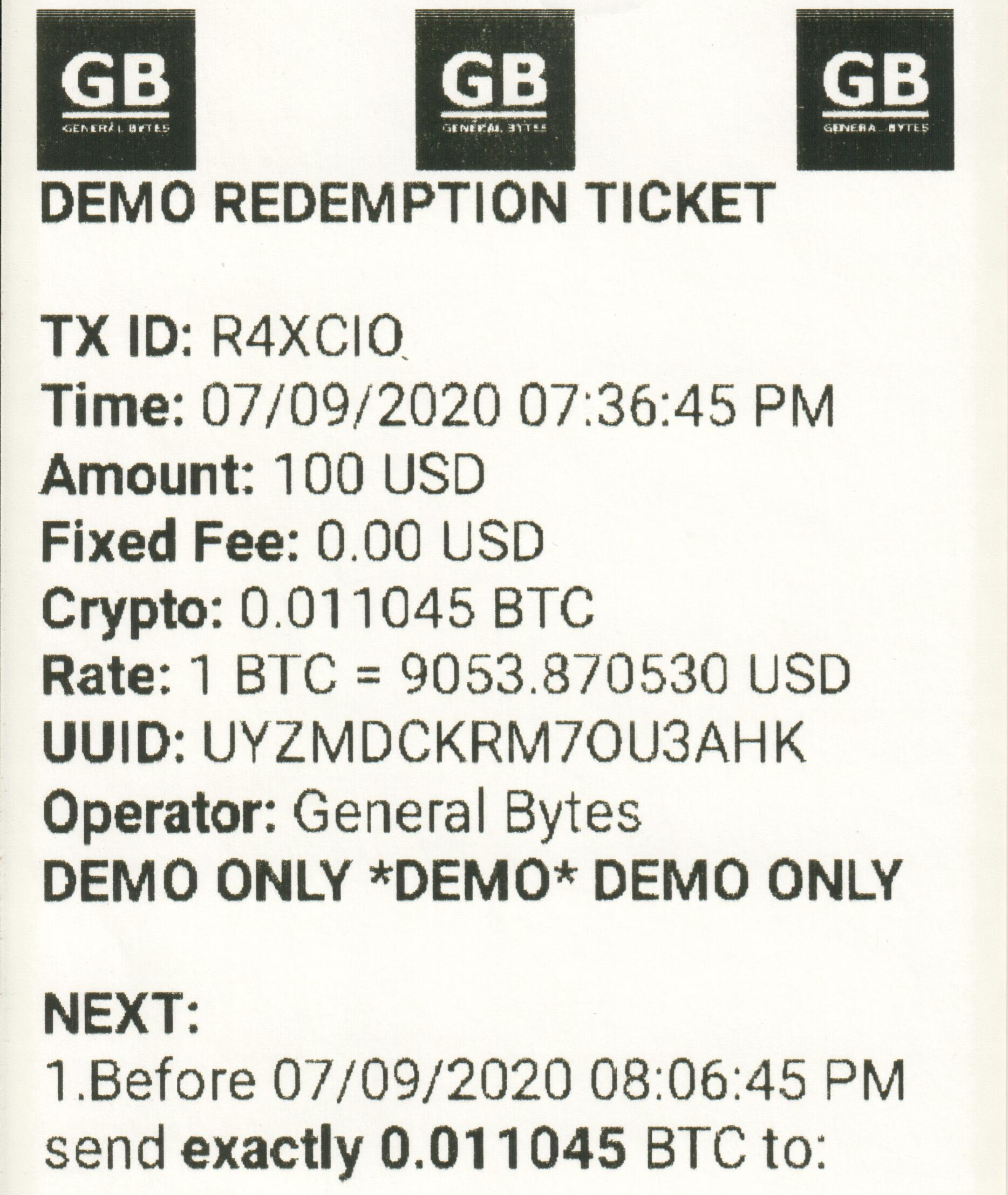 Typical redemption ticket showing the precise amount and expiration time.